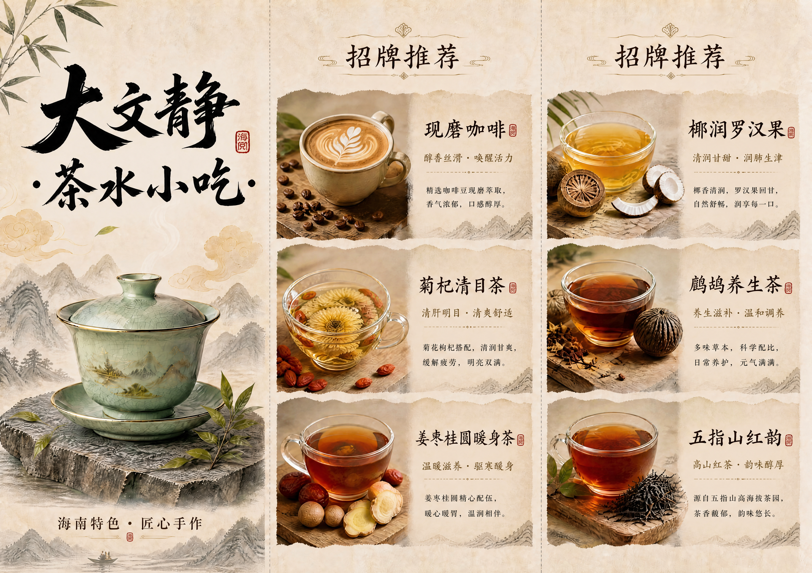 调整这张三折页正面的栏顺序：将最右侧的招牌推荐栏（现磨咖啡、菊… - 图片创意预览