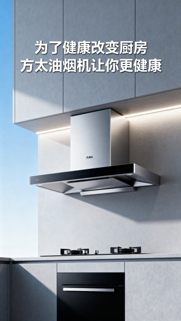 现代厨房场景，方太抽油烟机放置在整体橱柜上，画面干净明亮，顶部有醒目的文字"为了健康改变厨房 方太油烟机让你更健康"，整体风格简约高端，符合家电广告海报预览效果