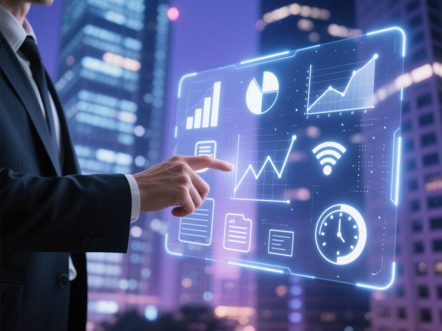 一位身着深色西装的商务人士，其手部特写正触摸着一个由发光线条构成的半透明全息界面，界面上悬浮着多种数据可视化元素，包括柱状图、折线图、饼图、文件图标、无线网络符号和数据仪表盘，所有元素以白色发光线条呈现，带有轻微的蓝色光晕和点状粒子效果。背景为模糊的现代城市夜景，高楼大厦的灯光形成柔和的光斑和渐变的蓝紫色调，营造出科技感与未来感兼具的氛围。整体画面采用写实风格，光影对比适中，高光集中在手部和全……预览效果