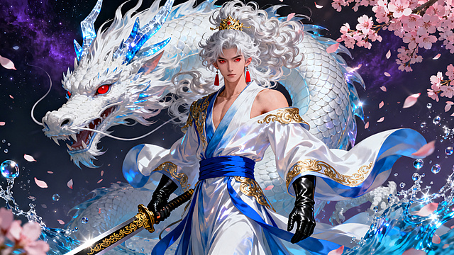 梦幻唯美的中式古典风格，3D角色与虚幻龙影交织，光影流动间尽显神圣感，樱花纷飞、水波荡漾，融合动漫风与粒子特效，营造出如梦似幻的虚拟现实场景。