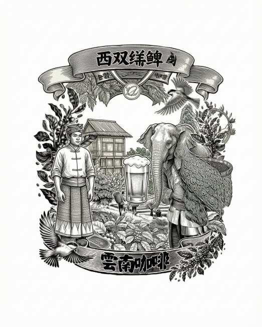 版纳鲜啤插画，包含傣族人、西双版纳风情，大象、孔雀、啤酒花、鲜啤酒，人物动物植物比例协调简约，创意国际化，矢量元素，纯黑色线条，白色背景，高清晰，参考示例图片的版画雕刻线条风格预览效果