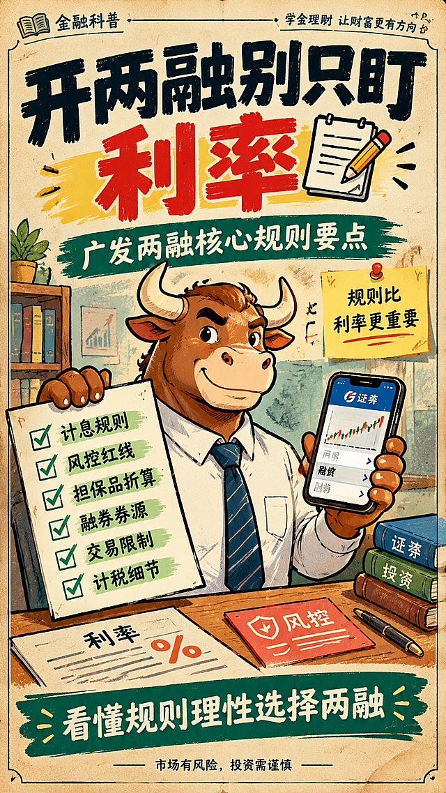 小红书金融科普大字封面，插图大字，美式复古手绘百科海报风，版式精美，小红书笔记封面质感，适合信息流点击。主标题必须完整呈现且为画面顶部视觉中心，逐字锁定：「开两融别只盯利率📝」。主标题字号占画面约 45% 视觉权重，清晰可读，不得增删改字。副标题：「广发两融核心规则要点」，置于主标题下方，绿色笔刷底纹小字。装饰短句/角标：右侧便利贴贴纸文字「规则比利率更重要」；底部横幅文字「看懂规则理性选择两融」；画面最底部小字印刷文字「市场有风险，投资需谨慎」。背景：泛黄牛皮纸底色，轻微纸张噪点，淡淡的旧印刷颗粒感，提高画面饱和度，色彩明快抓人眼球。中间清单卡片文字：「计息规则｜风控红线｜担保品折算｜融券券源｜交易限制｜计税细节」，重点绿色笔刷高亮。标题排版：顶部大艺术标题，粗黑手绘轮廓线，扁平粗体艺术字，非3D立体。插画层：统一拟人卡通公牛穿白衬衫打领带，手持对比清单与手机券商APP草图，神态自信，位于画面中部偏左；桌面摆放利率单据、风控卡片；边角书本页眉装饰边框。装饰：便利贴贴纸、绿色笔刷高亮、手绘清单卡片、书本页眉装饰边框，位置克制不抢主标题。整体氛围：美式复古手绘百科厚涂券商科普漫画风，信息层级清晰，文字清晰工整。画质：4K高清细腻，主标题与背景强对比，文字完整处于安全区内不可裁切，四周留安全边距。负面提示：3D渲染，照片写实，塑料质感，灰暗低饱和，画面昏暗，纯白空白背景，复杂扭曲透视，真人面孔，乱码错乱文字，水印，畸形肢体，模糊文字，低画质CGI。