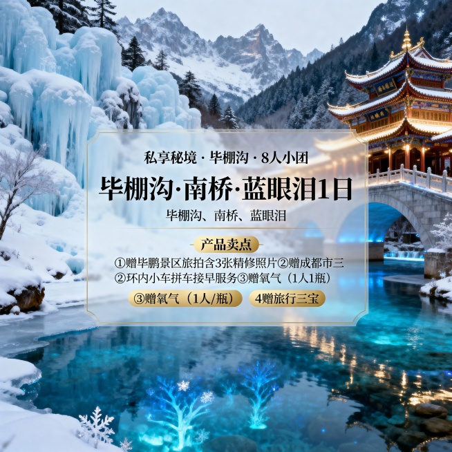 请生成一张810*810的旅游产品首图，产品名：【私享秘境·毕棚沟·8人小团】，产品题目：毕棚沟·南桥·蓝眼泪1日，景点包含：毕棚沟、南桥、蓝眼泪；产品卖点：①赠毕鹏景区旅拍含3张精修照片②赠成都市三预览效果