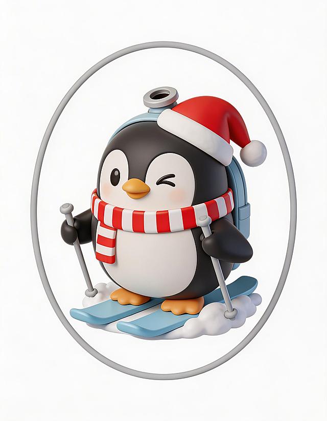 软3D风格的拟人企鹅，戴圣诞帽围红白条纹围巾，滑雪姿态萌趣十足，塑料质感与卡通元素融合，充满节日喜庆与可爱感。