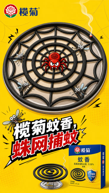 原创创意海报，蚊香盘设计成蜘蛛网纹理，中间有红色蜘蛛，右下角放榄菊蚊香产品展示，配上文字"榄菊蚊香，蛛网捕蚊"，左上角放置榄菊logo，背景黄色，卡通风格预览效果