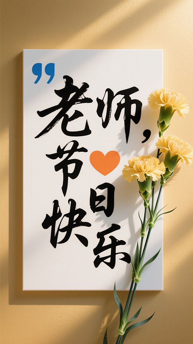 米色背景上，白纸上黑色毛笔字写着 “老师，节日快乐”， 黄色康乃馨，简约中满含真挚感恩。