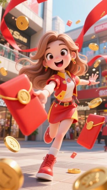强烈镜头畸变，冲击力强，大幅度夸张动作，画面四周围绕的是很多红包和金币，一个浅棕色长发穿搭时尚的女生，左手向前伸向镜头，刚刚接着一个大红包，惊喜的表情，表情开心，比例夸张，背景在室外的商场。主色调为红预览效果