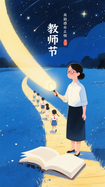 核心主题：Teacher's Day poster（教师节海报）
- 画面主体：A teacher (female, with glasses, bun hairstyle) holding a li预览效果
