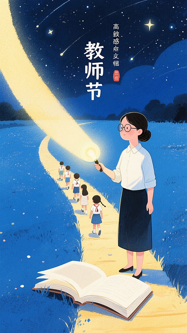 这张海报的灵感围绕教师节展开，旨在歌颂教师的奉献与引导作用。
画面中，教师手持象征光明与知识的光源，如同在黑暗中为学生照亮求知之路，体现出教师是知识的传播者，为学生驱散无知的阴霾。翻开的书本代表着知识的宝库，是教师传授知识的载体。背景里学生们沿着道路前行，寓意着在教师的指引下，学生们朝着理想与未来奋进，凸显出教师在学生成长过程中如同引路人一般的关键角色，整体传达出对教师辛勤付出与育人精神的赞美