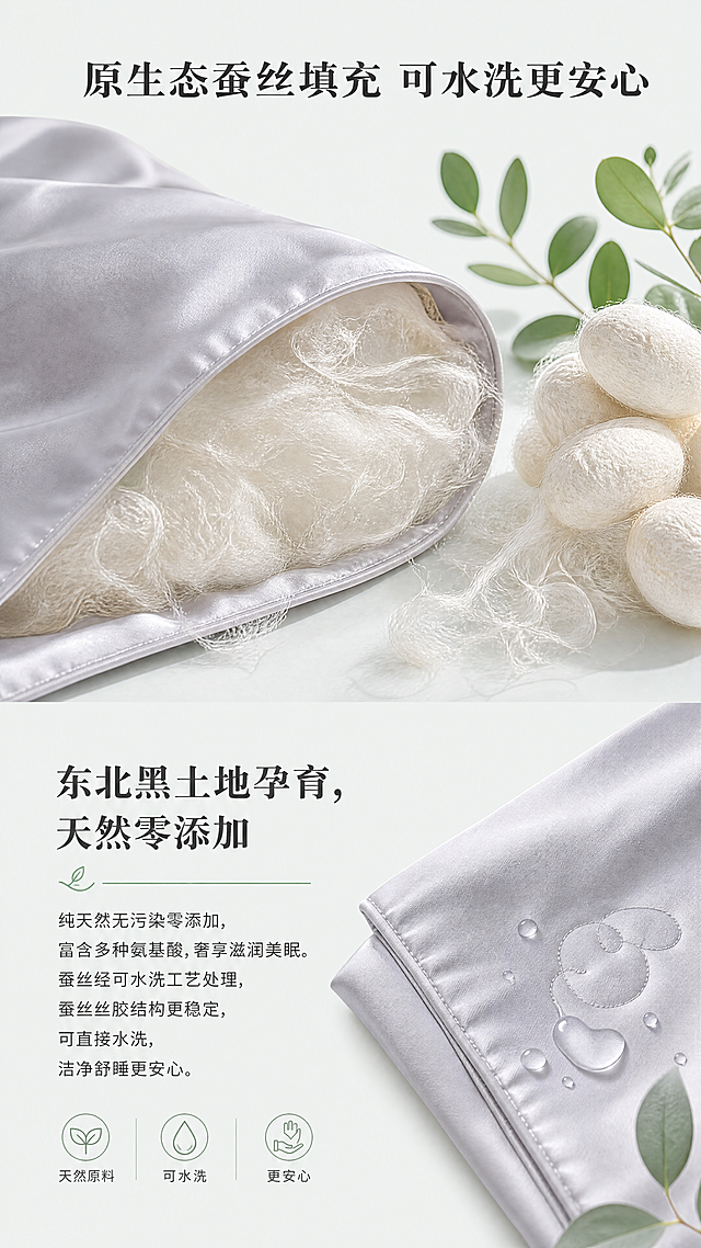 [第4屏] 填充工艺-原生态蚕丝填充卖点展示页。
[氛围/风格] 天然健康风，干净自然光影，突出原材料天然无污染特性。
[元素布局] 上半部分展示蚕丝原料特写，结合原图夏被切面体现内部填充，使用【图1】保持夏被外观颜色一致，右侧搭配蚕丝原料示意图。下半部分文案区域，左侧展示卖点文字，右侧保留一小块夏被边角展示，突出可水洗工艺特性。
[光影质感] 整体光线明亮柔和，蚕丝填充区域光线通透，清晰体现蚕丝轻盈质感，阴影柔和不生硬。
[配色色系] 全局底色：#F5F8F6（浅冷灰调）；主体配色：原图晓风灰色+蚕丝本白色+ #333333（深灰文字）；辅助色：#81B29A（天然绿色点缀）。
[视角构图] 竖向通屏，上图文下结构，上半部分图片占55%，下半部分文字占45%，构图均衡，符合移动端浏览逻辑。
[文字版式] 顶部主标题「原生态蚕丝填充 可水洗更安心」深灰色加粗居中。下半部分主标题「东北黑土地孕育，天然零添加」，正文「纯天然无污染零添加，富含多种氨基酸，奢享滋润美眠。蚕丝经可水洗工艺处理，蚕丝丝胶结构更稳定，可直接水洗，洁净舒睡更安心。」文字层级清晰，正文大小适中，手机端清晰可读。
[比例分辨率] 9:16竖版比例，4K分辨率，文字清晰可辨，超高清。
[负向提示词] 结构错误，颜色偏差，文字模糊，背景杂乱，水印，绝对化宣传，虚假功效。