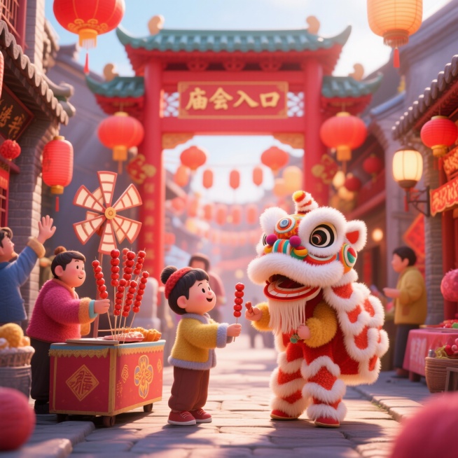 3D毛绒风格春节庙会场景，胡同街道，人物与小贩互动递钱买糖葫芦，风车转动，舞狮队员挥手，增加“庙会入口”牌坊，红灯笼，春节装饰，喜庆氛围，高细节，8K分辨率预览效果