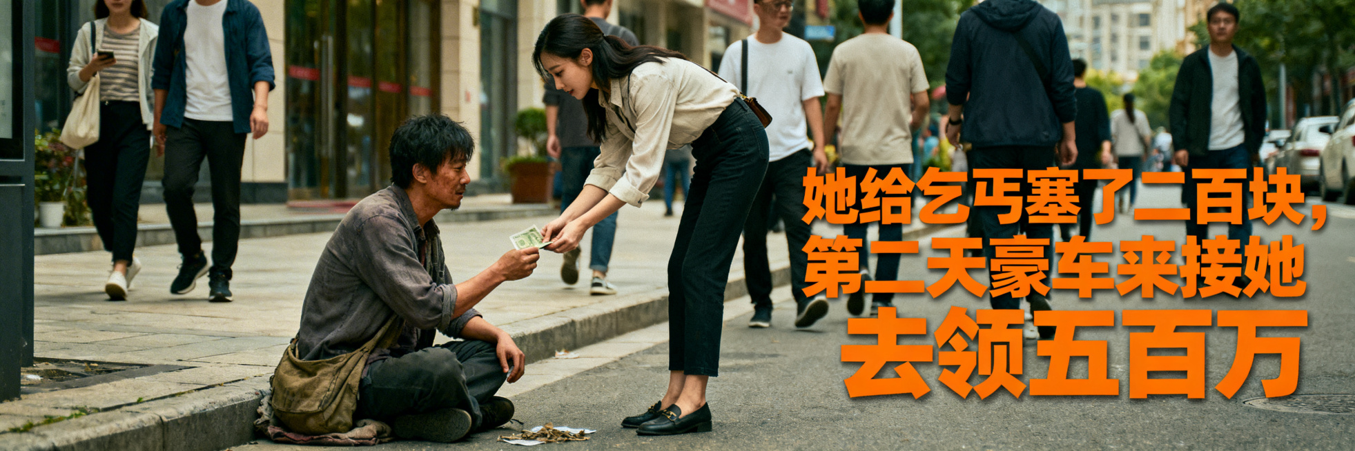 短剧广告横幅，真人摄影风格，电影质感，画面左侧大场景：亚洲帅气男主蹲在街边乞讨，一位亚洲美女弯腰给他放钱，其他路人绕道走开；画面右侧预留位置，添加橙色加粗标题文字："她给乞丐塞了二百块，第二天豪车来接预览效果