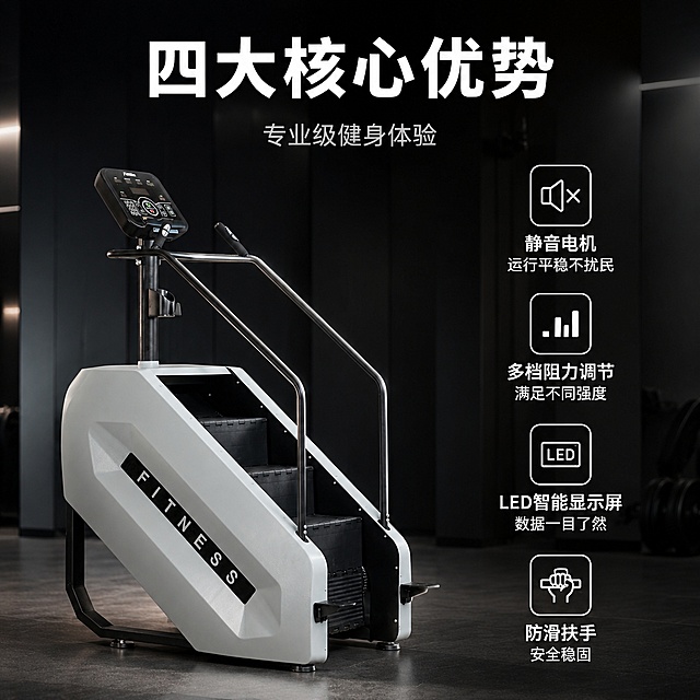 电商主图第2张（核心卖点）：楼梯机核心功能展示，延续首图深色健身房高级风格。产品严格参照上传图片，完整保留所有可见组件、轮廓、结构、比例、材质、颜色、FITNESS标识，与上传图完全一致。产品位于画面左侧，侧视角度，产品占画面约45%。右侧为4组竖向排列的卖点图标+文字，每组上图标下说明：①静音电机 运行平稳不扰民 ②多档阻力调节 满足不同强度 ③LED智能显示屏 数据一目了然 ④防滑扶手 安全稳固。顶部白色粗体大标题：四大核心优势。标题下方浅灰色小字：专业级健身体验。光影：主光从右侧照射，机身侧面质感突出，金属扶手有硬朗高光，底部柔和投影。严格锁定宽高比为1:1，2K分辨率，文字清晰锐利，超高清商业摄影质感。负向提示词：变形，文字错乱，产品图模糊，水印，电商平台Logo，主体遮挡。