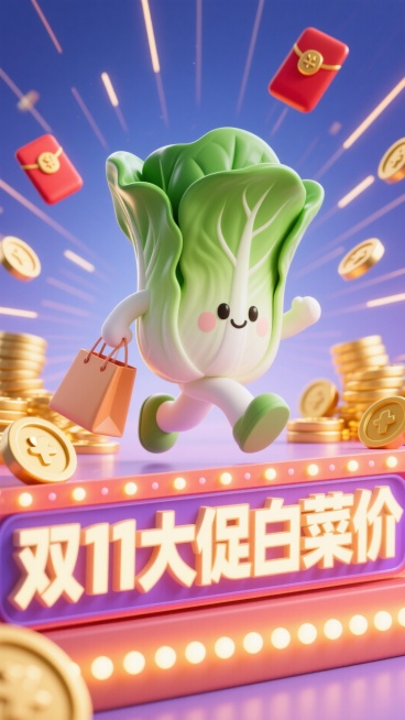 主视觉为一颗小白菜提着购物袋冲出画面，正面视角，背景金币、红包、放射线点缀，画面下方为3D文字灯牌“双11大促白菜价”预览效果