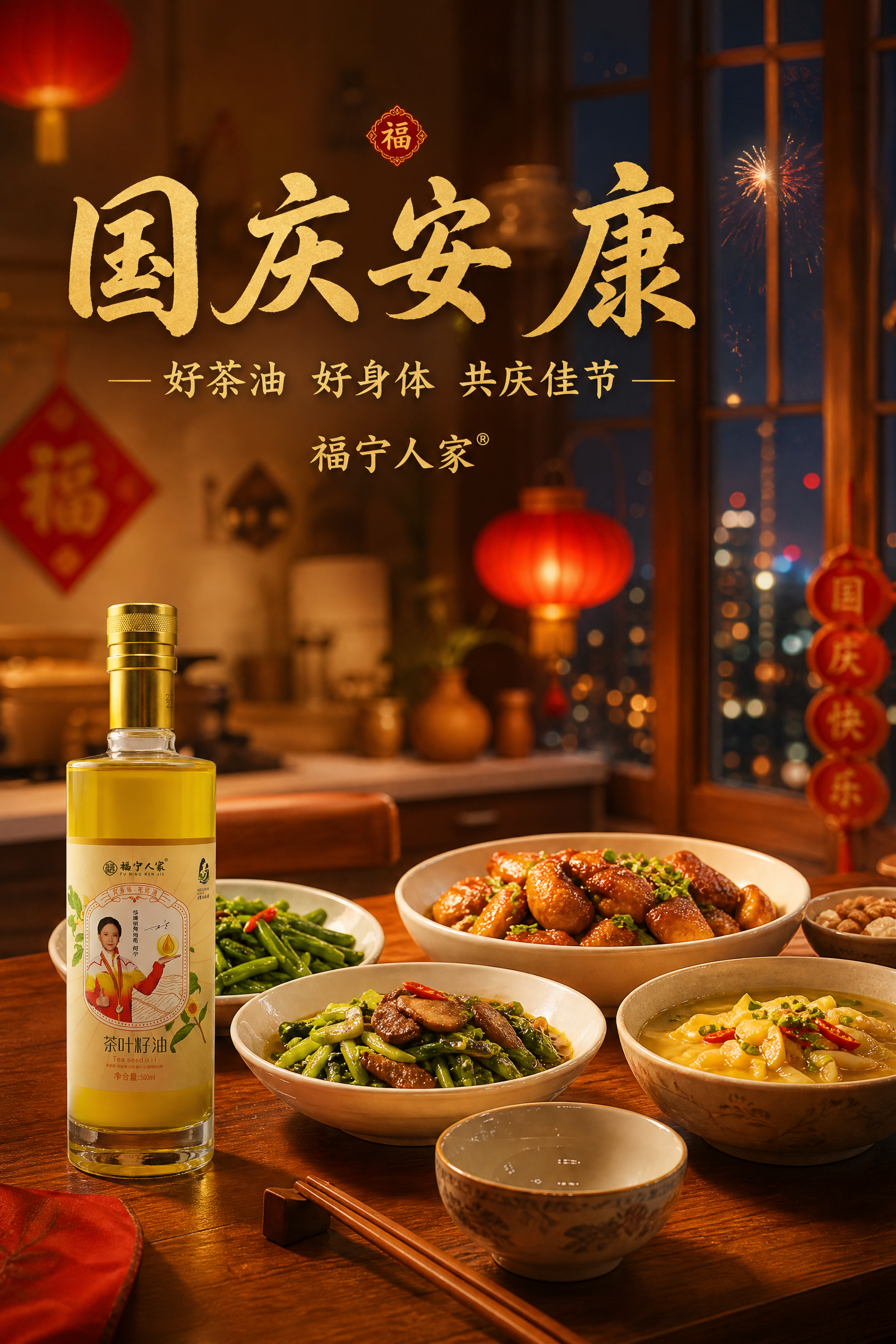 国庆祝福主题产品海报，写实商业摄影风格，红金暖调节日氛围。画面… - 图片创意预览