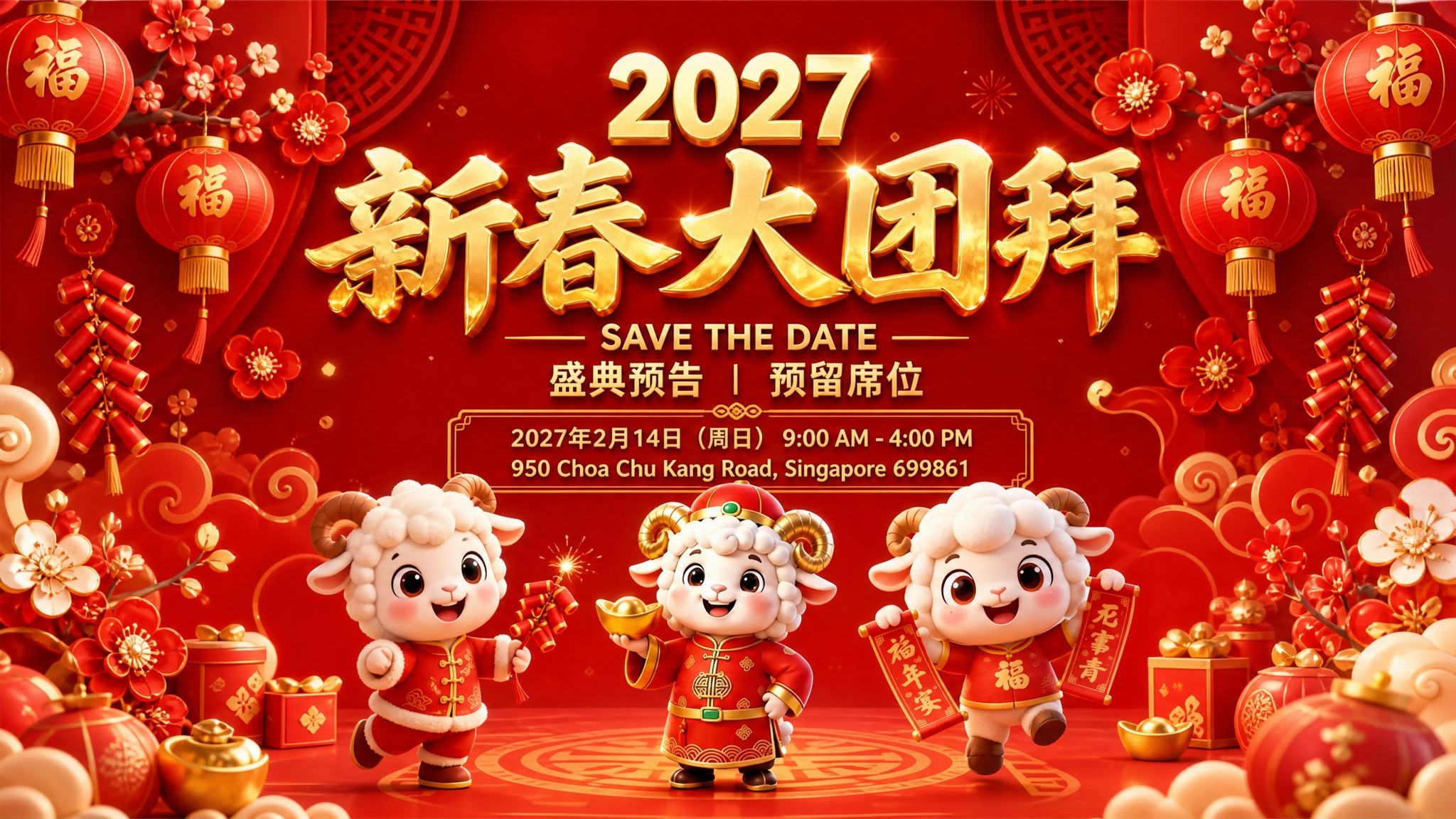 基于图1的整体构图和前景角色，将背景替换为图2的红色喜庆新春背… - 图片创意预览