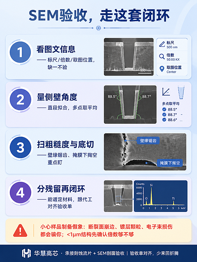 竖版信息图，浅灰蓝渐变背景。顶部标题："SEM验收，走这套闭环"，深蓝色大字居中。下方纵向排列四条步骤卡片，每条为淡蓝色#E7EDF5底的步骤卡，左侧有深蓝色#3E6FA8圆形序号徽章，相邻卡片用蓝/紫色调交替强调。步骤1："看图文信息 —— 标尺/倍数/取图位置，缺一不验"。步骤2："量侧壁角度 —— 直段拟合，多点取平均"。步骤3："扫粗糙度与底切 —— 壁缘锯齿、掩膜下掏空重点盯"。步骤4："分残留再闭环 —— 能谱定材料，跟代工对齐验收单"。画面底部是暖黄色浅底#FBF0D2避坑条，红色#D64545文字："小心样品制备假象：断裂面崩边、镀层颗粒、电子束损伤都会骗你；<1μm结构先确认倍数够不够"。最底部是深蓝色#1F3A5F底白字品牌条："华慧高芯 · 承接刻蚀流片 + SEM剖面验收 | 验收单对齐，少来回折腾"。整体风格简洁专业，科技感信息图设计。