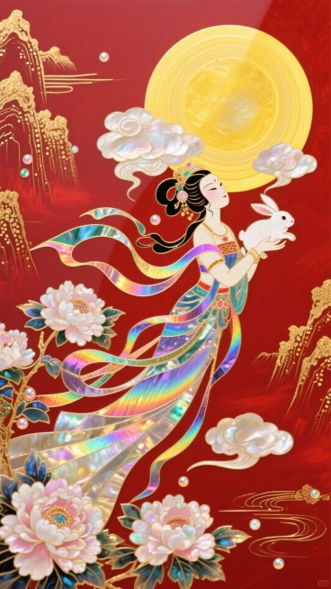 剪纸风格，嫦娥怀抱玉兔奔向一轮圆月，月亮周围散发出黄色晕圈，嫦娥体态妖娆，衣摆飘逸。周围环绕着祥云和盛开的牡丹花朵，背景山水，中国红底色搭配鎏金色点缀，非常规的动态构图,32K分辨率预览效果