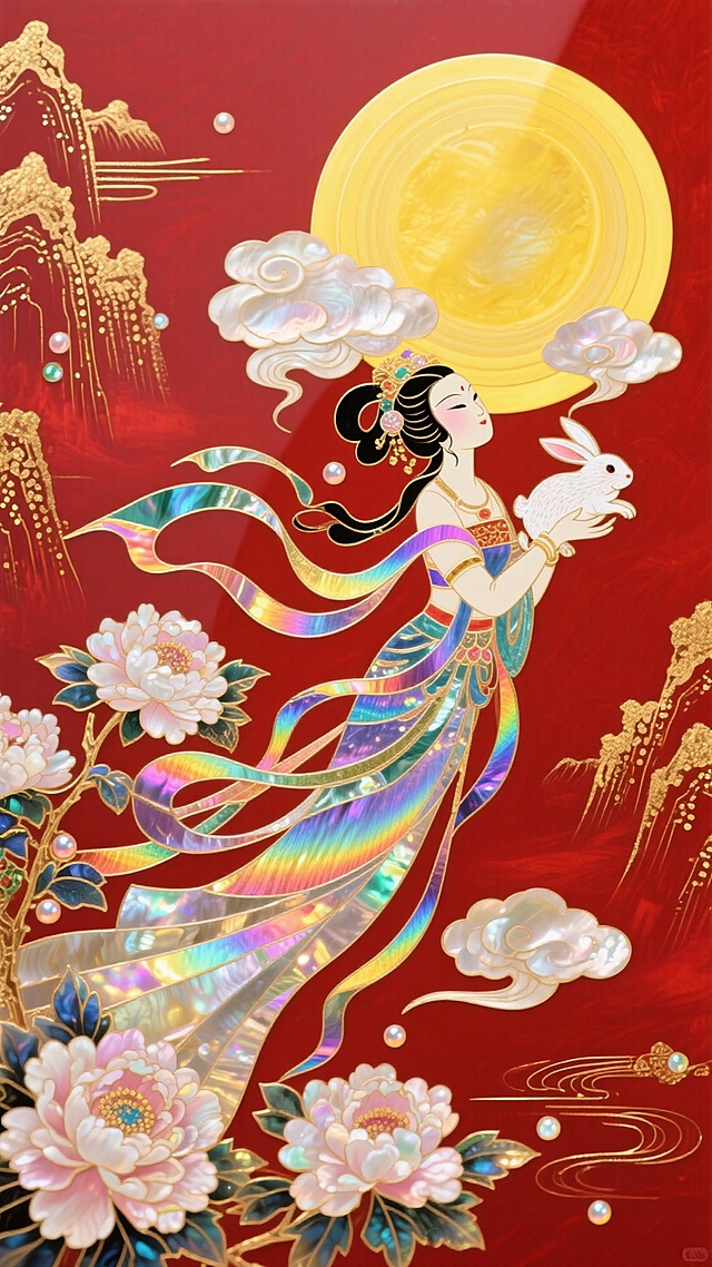 国潮风工笔画，嫦娥怀抱玉兔，彩带飘逸，鎏金浮雕山峦与牡丹点缀，红金配色尽显奢华喜庆，梦幻唯美的中秋意境。