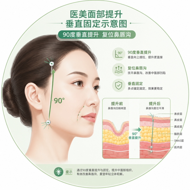 医美面部提升垂直固定示意图，90度垂直提升复位鼻唇沟，医疗专业插画，绿色浅色调，圆形构图预览效果