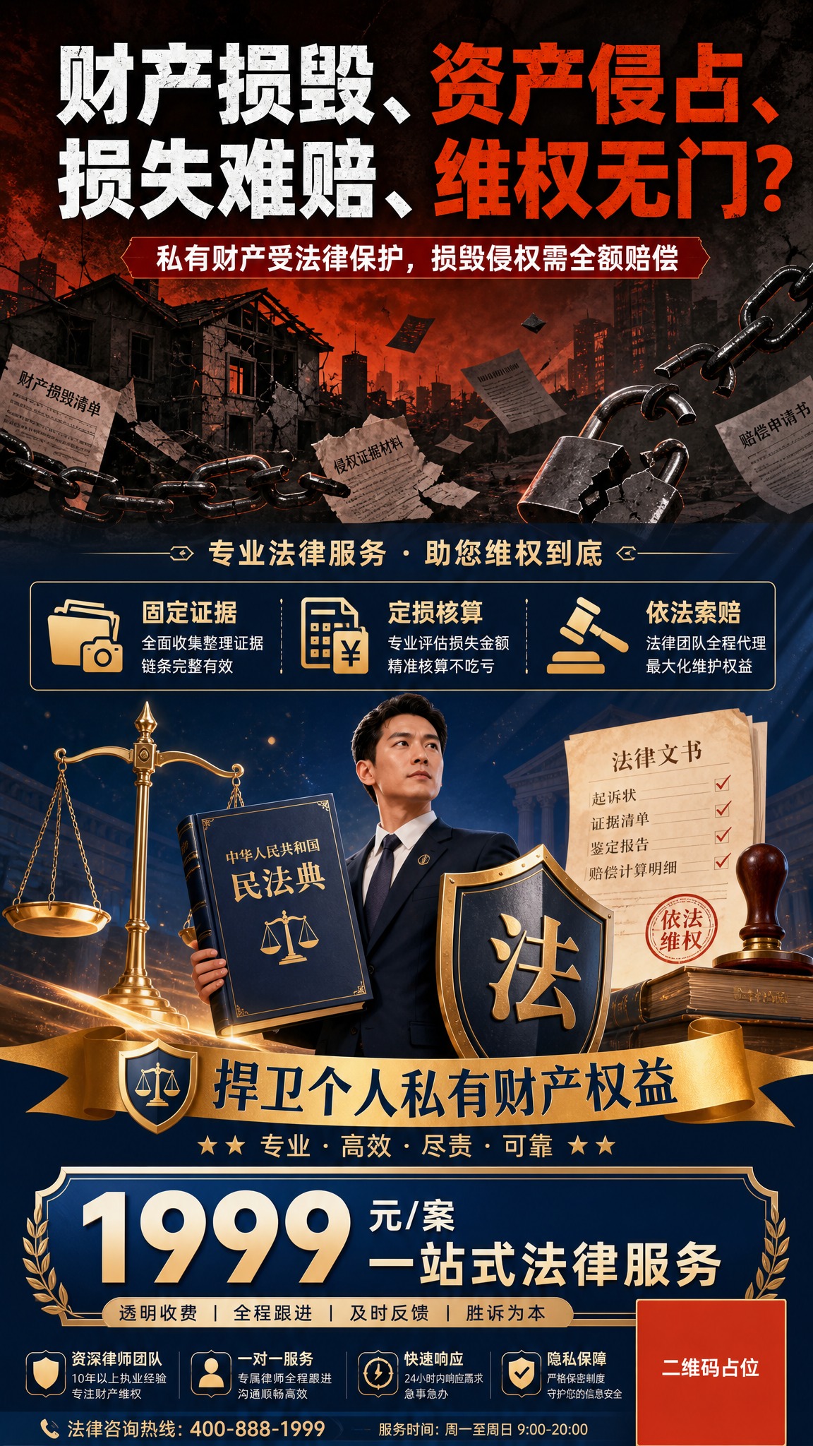 现代简约+情绪化插画风财产维权法律服务海报，竖版9:16居中分… - 图片创意预览