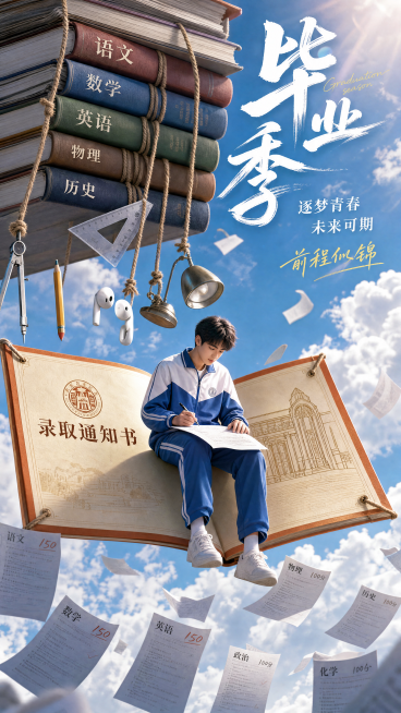 超现实主义毕业季创意海报，低机位仰拍视角，24mm广角镜头，大透视构图，梦幻现实主义风格。画面的左上角是多本厚厚的课本平放堆叠排列形成主体建筑结构，占据了整个画面的左上部分。书本大部分是书页朝右下角，预览效果