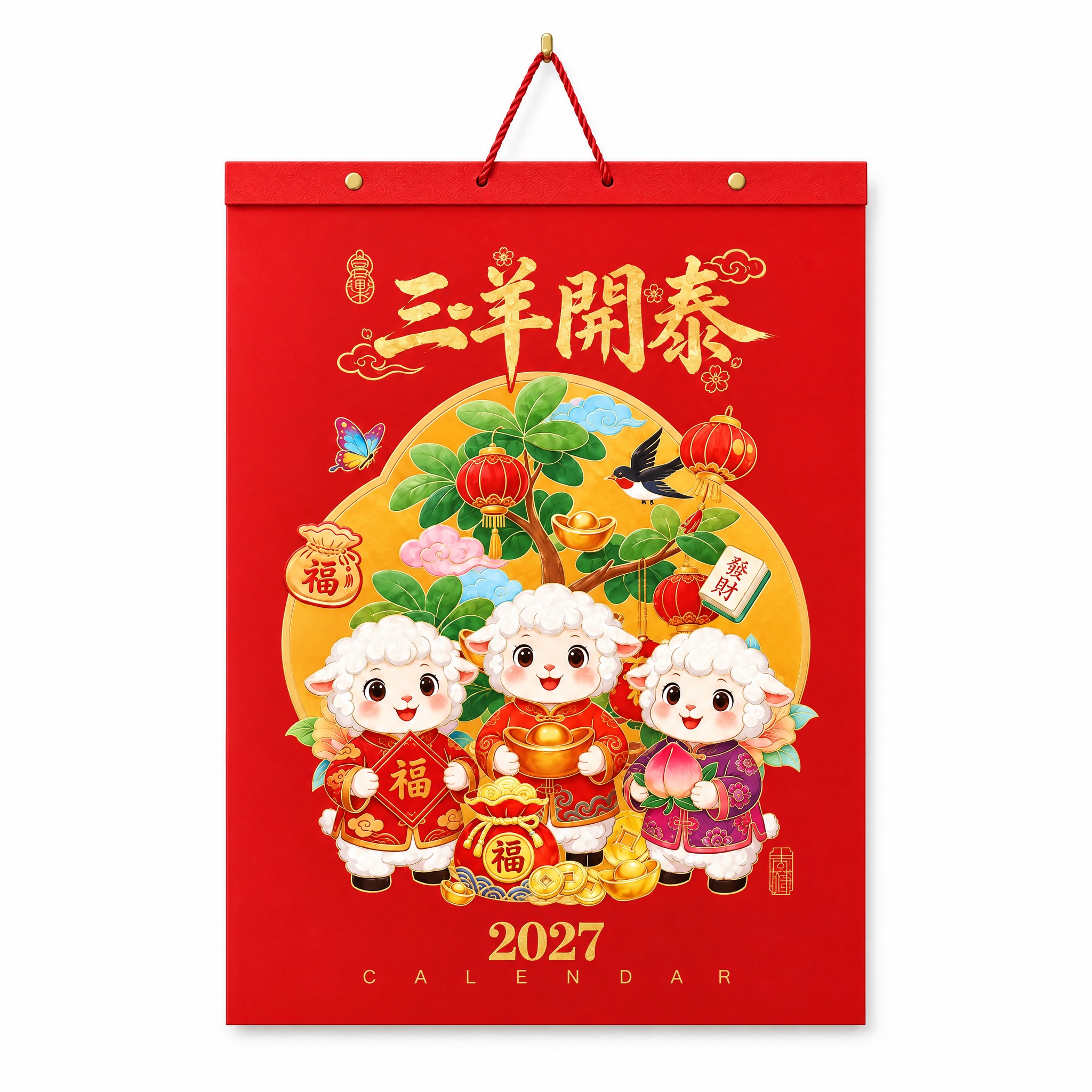 生成三羊开泰款挂历白底图。纯白背景，挂历正面完整展示，居中悬挂… - 图片创意预览