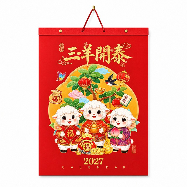 生成三羊开泰款挂历白底图。纯白背景，挂历正面完整展示，居中悬挂，正面视角，挂历占画面60%-70%。挂历外观、红色封面、三羊开泰卡通图案、文字、红色头带、铜钉、红色挂绳与参考图完全一致。保持自然光影，底部有轻微柔和阴影，产品清晰锐利，无白边无抠图痕迹。无文字无水印无Logo，干净整洁，符合电商白底图规范。1:1正方形比例，2K分辨率。