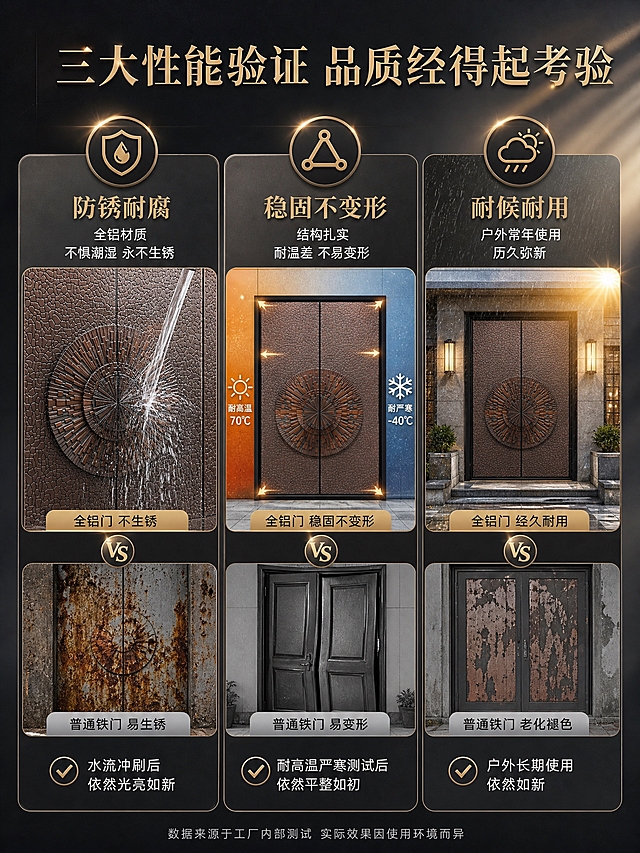 [商品] 使用【图1】臻尚铂门太阳放射纹全铝精雕别墅对开门；保留双开门结构、古铜色金属质感、中心太阳放射纹浮雕、黑色门框边框、整体比例和纹路细节；用于性能测试对比展示，保持商品原貌不变。
[画面] 页面目标：可视化验证防锈、防变形、耐候三大核心性能。测试对比型，采用三栏并列对比布局。左栏：防锈测试，门体局部特写+水流冲刷示意，对比普通铁门生锈 vs 全铝门光亮如新；中栏：防变形测试，门体结构示意+耐高温/严寒图标，展示全铝门稳定不变形；右栏：耐候测试，户外别墅大门场景+日晒雨淋元素，展示常年户外使用依然完好。每栏上方有性能图标，下方有结论文字。背景为深灰渐变，科技感光效点缀。
[视觉] 套系策略：风格=高端大宅商业摄影风，品质稳重有气场；标题字=大气衬线粗体；正文字=简洁无衬线体；主色=古铜金+深灰；背景延展=基于深灰和古铜金做深浅层级、同色渐变和金属质感光效；强调色=暖铜金，仅用于小面积图标、引线和重点标签；标题色=古铜金色；正文色=米白色/浅灰色；组件=圆角金属质感信息卡、细线引线、图标徽章；光影=均匀专业光效，对比清晰，产品真实。
[文字] 顶部主标题："三大性能验证 品质经得起考验"，大号古铜金色衬线体，居中。三栏分别：左"防锈耐腐" 全铝材质 不惧潮湿 永不生锈；中"稳固不变形" 结构扎实 耐温差 不易变形；右"耐候耐用" 户外常年使用 历久弥新。每栏标题古铜金色，说明白色小字。底部小字："数据来源于工厂内部测试 实际效果因使用环境而异"。
[规格] 图片比例3:4竖版，4K，避免变形、错字、文字过小、虚假数据、夸张承诺、冷蓝科技感过重。