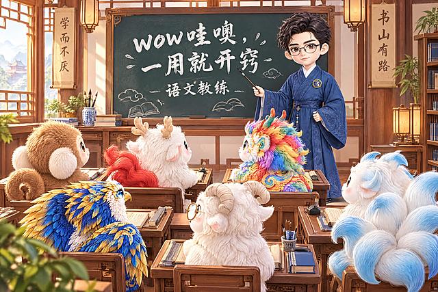 中国古代教室场景，这位戴黑框眼镜、穿深蓝色云纹汉服的男老师站在黑板前，保持他的形象完全不变。六个可爱的毛绒神兽坐在课桌前认真听课，分别是：棕色大耳朵猴子神兽、白色鹿角红尾巴神兽、彩虹色花纹麒麟神兽、蓝金色翅膀老鹰神兽、戴眼镜白胡子山羊神兽、九尾蓝尾白羊神兽。黑板上用毛笔字写着"wow哇噢，一用就开窍 语文教练"。整体3D卡通风格，与老师形象风格统一，可爱温馨，柔和光线，细节丰富，色彩明亮。