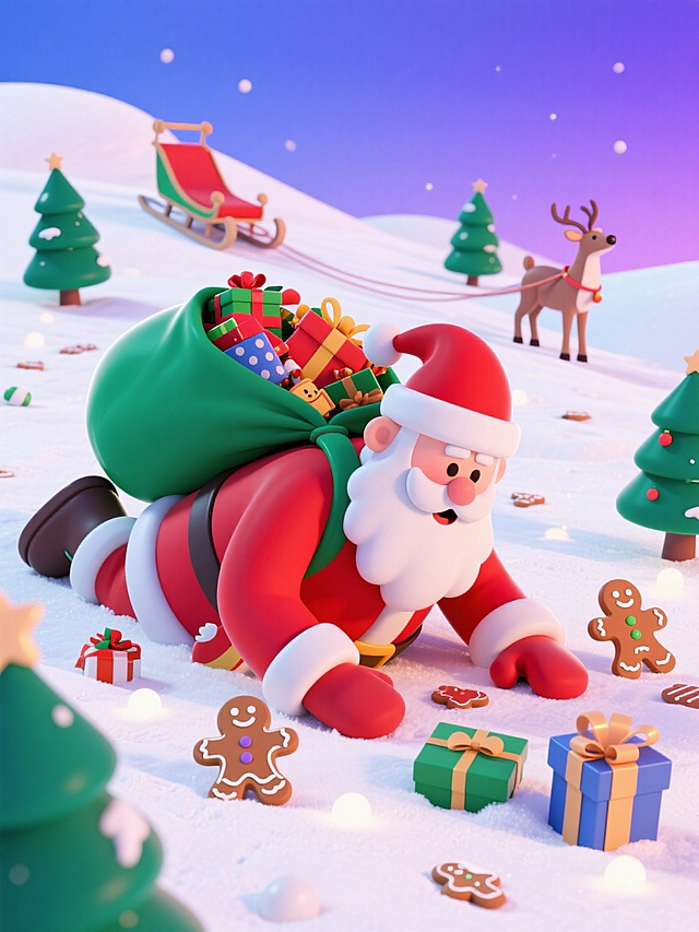 圣诞老人背着巨大绿包袱摔趴在雪地上。各式圣诞礼物（姜饼人、礼盒）从包袱中漏出，旁边点缀驯鹿雪橇。背景为蓝紫渐变的天空，点缀几棵绿色小圣诞树。