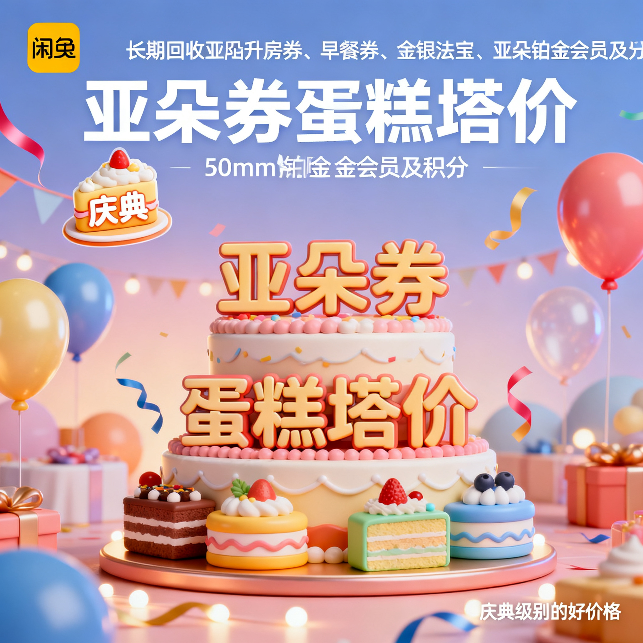 软3D风格，闲鱼大字封面，主题为长期回收亚朵升房券早餐券金银法… - 图片创意预览