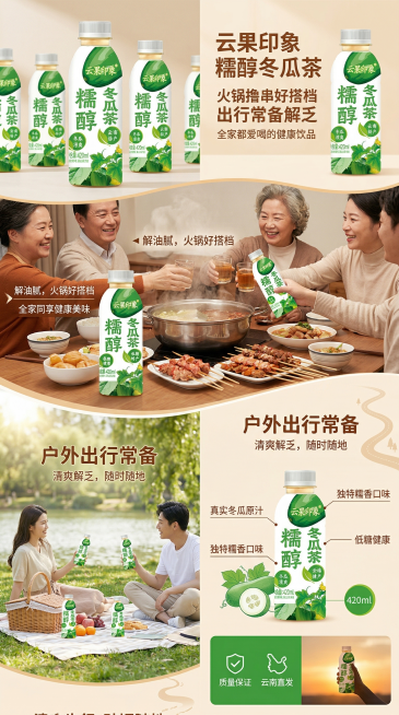 冬瓜茶淘宝详情页，饮用场景主题，背景是朋友聚餐、户外野餐、火锅搭配的轻松生活化场景，画面展示云果印象糯醇冬瓜茶产品，搭配文案"火锅撸串好搭档 出行常备解乏 全家都爱喝的健康饮品"，整体风格温暖生活化，预览效果