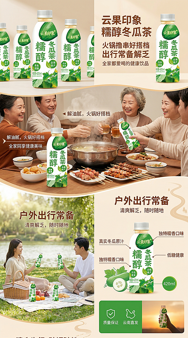 冬瓜茶淘宝详情页，饮用场景主题，背景是朋友聚餐、户外野餐、火锅搭配的轻松生活化场景，画面展示云果印象糯醇冬瓜茶产品，搭配文案"火锅撸串好搭档 出行常备解乏 全家都爱喝的健康饮品"，整体风格温暖生活化，有代入感，符合食品详情页设计规范