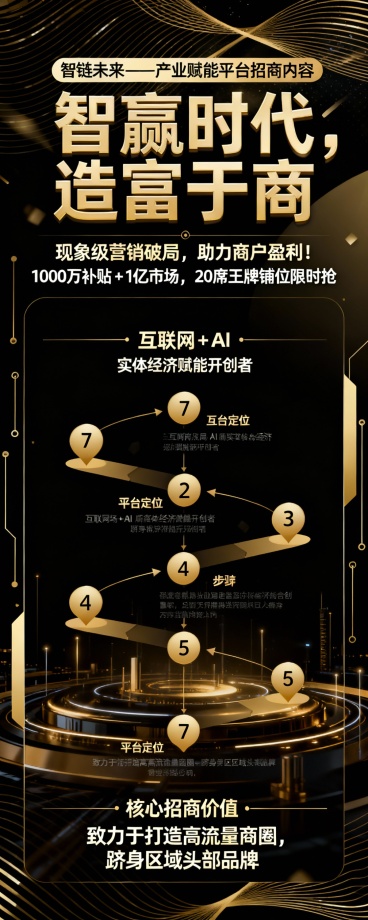 智链未来——产业赋能平台招商内容
智赢时代，造富于商
副标题：现象级营销破局，助力商户盈利！1000 万补贴 + 1 亿市场，20 席王牌铺位限时抢
平台定位：互联网 + AI 实体经济赋能开创者
核预览效果