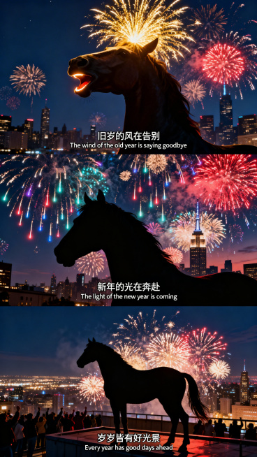 三宫格图，横向三宫格，主体为马的剪影，三格高度完全相等，背景是跨年夜晚的城市天际线，绚烂烟花在夜空绽放，光影映射在马的轮廓上，马呈昂首张嘴的说话姿态，整体色调为深邃藏蓝与璀璨金红交织。第一张（特写）：预览效果
