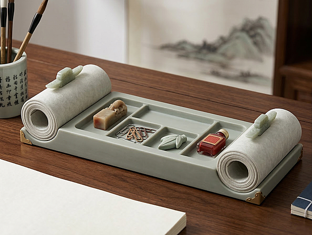 参考图中的卷轴砚台造型，设计文房主题桌面收纳盒：整体为长条形仿砚台形态，左右两边设计为对称的仿生宣纸卷轴造型，中间区域分隔为多个小杂物盒，可放置回形针、印章、橡皮等办公小物，采用浅灰绿色哑光质感，呼应文房四宝文化，适配办公桌面使用，高清写实风格。