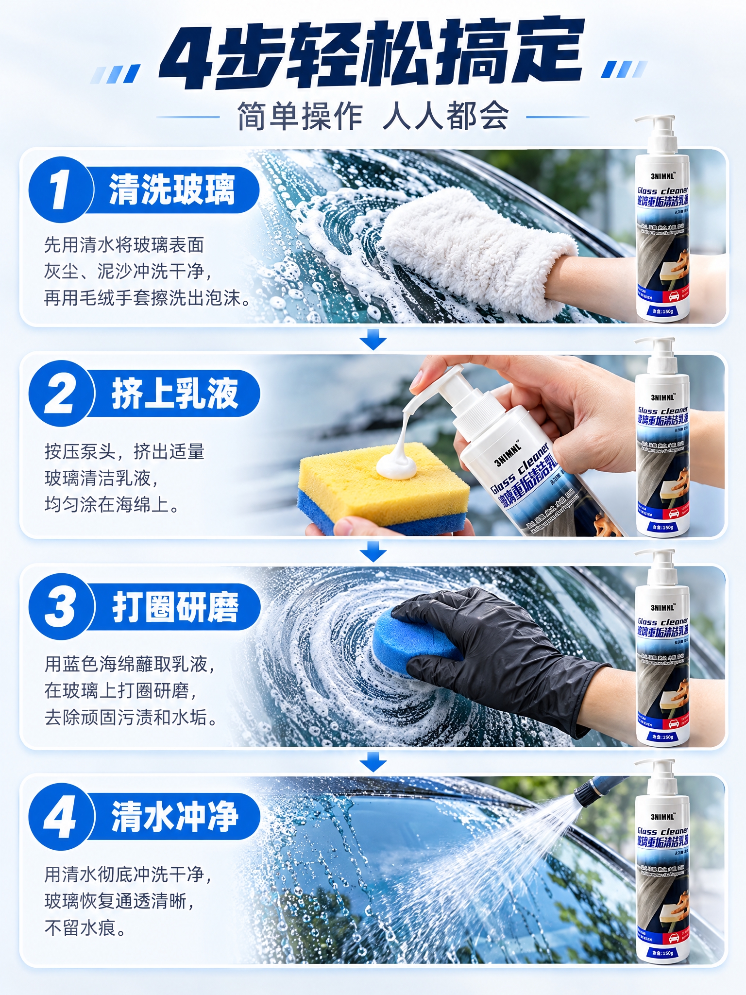 [商品] 使用【图1】玻璃重垢清洁乳液，白色按压瓶装，150g… - 图片创意预览