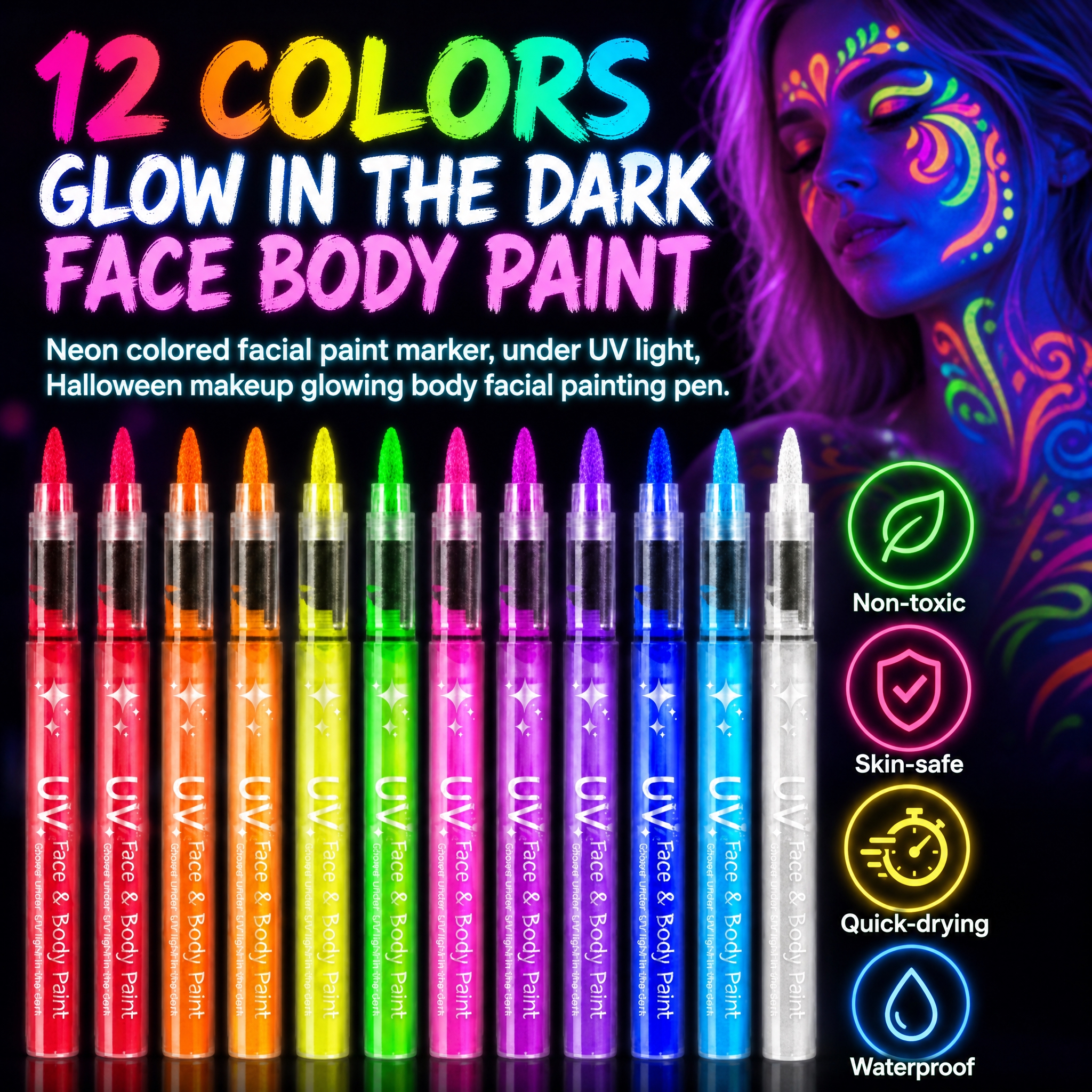 12 UV glow face paint pens line… - 图片创意预览
