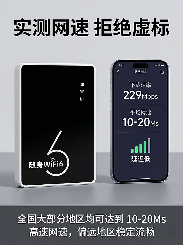 8K 超写实商业电商摄影，超清分辨率，极致细节还原，锐化清晰，光影干净通透，产品主体全程突出，浅景深效果，无多余杂乱元素，画面所有文字清晰可辨、无变形无乱码。严格还原参考图造型与外观：方形圆角随身 WiFi，白色磨砂质感边框，正面纯黑面板，面板右侧竖向排列电池、WiFi、信号格三个白色状态图标，面板下方带白色 WiFi6 标识与艺术数字 6 造型，机身采用磨砂工艺，不得修改任何外观细节与配色。画面左侧为固定款随身 WiFi 产品主体，放置在哑光灰色桌面，右侧为手机屏幕上的测速软件界面 1:1 超写实还原，测速界面清晰无乱码，明确标注："下载速率 229Mbps，平均网速 10-20Ms，信号满格，延迟低"。画面顶部用加粗超大白色字体标注标题："实测网速 拒绝虚标"。画面底部用白色字体标注："全国大部分地区均可达到 10-20Ms 高速网速，偏远地区稳定流畅"。背景为极简浅灰色哑光质感，光影干净写实，产品与测速界面清晰突出，8K 超写实商业摄影质感。
