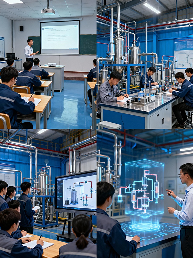 《化工操作实训基地宣传册》设计方案

封面（第1页）
主标题：
化工操作实训基地  
——聚焦精准实操·赋能高效运行  
副标题：
专业化实训平台·复合型人才摇篮  
配图：
高清实景照片，体现：

精馏塔操作现场（操作人员规范操作，仪表清晰可见）
泵与换热器实训场景（小组协同操作，设备细节突出）
安全防护装备使用展示

底部标注：
咨询电话：400-XXX-XXXX
官方微信公众号：化工实训基地  
基地地址：XX省XX市XX区XX路XX号

目录（第2页）

基地简介
核心实训模块
分群体定制实训方案
特色培训模式
实训核心优势
报名与联系方式
结语

一、基地简介（第3页）
配图： 基地整体实景俯瞰图或实训大厅全景  
（一）核心理念
以“聚焦动手实操、精准操作设备、提升运行效率、筑牢安全根基”为核心，构建“设备操作-风险识别-故障处置-效率优化”全链条实训体系，助力参训者实现从理论到实操的深度转化，兼顾操作规范性与运行效率。
（二）服务定位
针对化工专业学生、企业新员工、在岗操作人员、设备工程师四大核心群体，量身定制阶梯式实训方案，靶向解决各群体技能短板，提供专业化、实战化实训服务，培育适配行业需求的复合型化工人才。
（三）核心设备
聚焦精馏塔、泵与换热器等典型化工设备，搭建真实工业级实训场景，让参训者直面设备实操与故障工况，夯实实操能力。

二、核心实训模块（第4页）
配图： 精馏塔、泵、换热器分模块实训现场图，辅以操作界面、流程图示意
（一）精馏塔实训  

基础层： 设备结构、工作原理、标准操作流程、安全规范及基础参数调控  
进阶层： 参数精准调控、典型异常识别与处置、运行效率监控  
高阶层： 气液流动规律、传质传热机制、操作弹性计算、复杂故障处置与系统优化  

（二）泵与换热器实训  

基础层： 设备结构与装配、拆装规范、启停操作、气密试验、安全防护  
进阶层： 参数范围把控、工况切换、效率隐患排查、基础故障处理  
高阶层： 故障深层成因分析、性能优化方案设计、系统调试、前沿技术应用  

三、分群体定制实训方案（第5页）
配图： 四类群体实训场景照片，体现差异化教学（如学生基础操作、工程师系统调试）
群体目标核心内容化工专业学生夯实理论基础，掌握基本操作与安全规范，养成严谨实操习惯 基础理论+标准化操作+简单故障排查+数据记录整理 新入职员工快速掌握岗位核心技能，缩短适应周期 岗位实操强化+安全规范落地+典型异常处置+工况适配训练 在岗操作人员突破技能瓶颈，深化参数与效率关联认知，提升故障处置与优化能力 理论深化+操作弹性计算+复杂故障复盘+操作条件优化 设备工程师精通设备设计与选型、复杂故障排查及系统优化 行业标准解读+传质传热机制+方案设计+设备改造与长效管控 

四、特色培训模式（第6页）
配图： 多元教学形式组图（如PPT授课、分组实操、视频教学、三维模型推演等）
（一）三位一体核心模式
“理论精讲/深化+实物实操+典型案例剖析”，打破传统实训壁垒，强化理论与实践的深度衔接。
（二）分阶适配教学
针对不同群体基础与需求，采用“基础夯实-技能提升-高阶突破”阶梯式教学，确保实训精准赋能。
（三）多元化实训形式  
融合PPT授课、视频教学、实物教具演示、分组实操、案例研讨、旁站指导、复盘总结、三维模型推演、模拟工况实训等多种形式，提升实训趣味性与实效性。
（四）全流程闭环训练  
从理论学习到实操练习，再到故障演练、复盘优化，形成“学习-实践-反馈-提升”闭环，巩固实训效果。

五、实训核心优势（第7页）
配图： 优势图标化设计配实景图，如安全防护演示、工业级设备细节

精准定位： 聚焦四大核心群体，靶向设计实训内容，直击技能痛点  
实战导向： 真实工业级设备场景，直面故障工况与效率优化需求  
能力递进： 从基础操作到系统优化，全链条能力培养体系  
安全保障： 全程规范安全管控，筑牢实训与职场安全根基  
高效赋能： 兼顾操作规范性与运行效率，助力岗位提质增效  

六、报名与联系方式（第8页）
配图： 报名流程示意图、基地导览图、二维码样式图
（一）报名方式

线下报名： 前往实训区现场报名处，填写信息、缴纳费用，确认实训批次及准备事项  
线上报名： 扫描二维码进入官方报名页，填写个人信息与实训需求，完成报名缴费，凭短信通知参与实训  

（二）咨询渠道  

咨询电话： 400-XXX-XXXX（工作日9:00-17:00）
官方微信公众号： 化工实训基地  
基地地址： XX省XX市XX区XX路XX号

封底（第8页背面）
标语：
深耕实操·精进调控·守护安全·提升效率  
配图： 基地全景或实训场景集锦（多图拼接或全景拍摄）
底部标注：
版权所有 © 化工操作实训基地（XX基地）  
更新日期：2026年1月

设计说明与配图建议

整体风格： 专业、科技感、工业蓝/安全橙为主色调，图文并茂，排版清晰。
图片要求：

使用高清实景照片，体现实训设备、操作流程、安全细节、教学互动。
可辅以三维模型图、流程图、数据图表等说明性图像。
人物形象体现规范化操作与团队协作。

印刷建议： 铜版纸印刷，封面覆哑膜，内页图文清晰，便于阅读与保存。据此设计出一份完整的宣传册