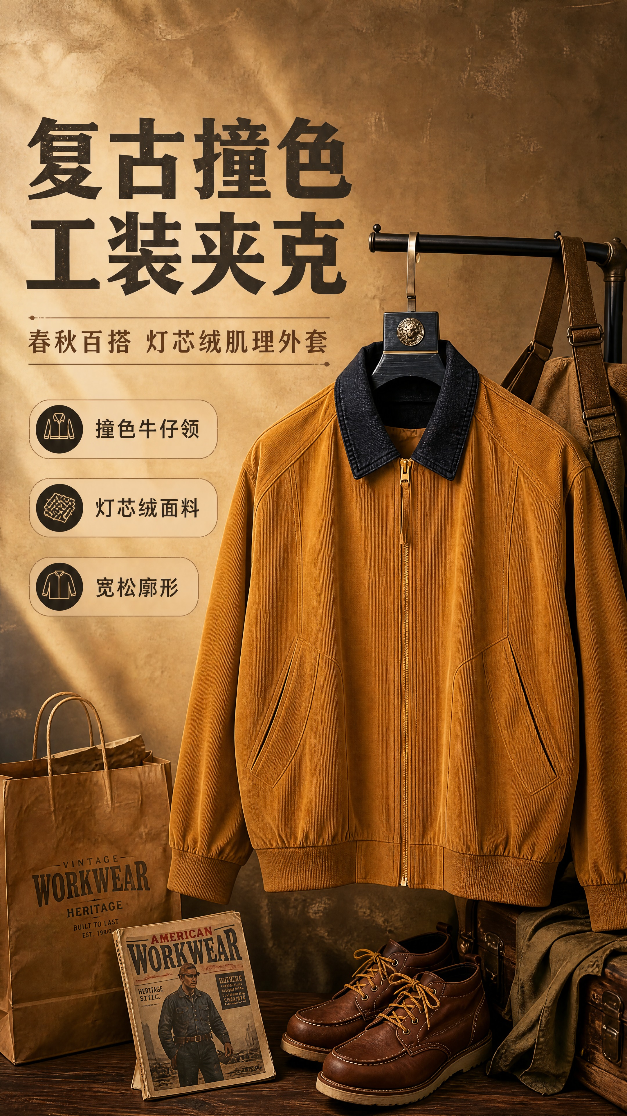 [商品] 使用【图1】焦糖棕撞黑领灯芯绒夹克；商品处理：保留撞… - 图片创意预览