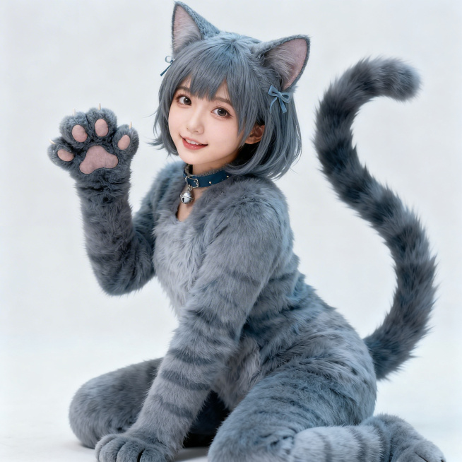 一位女孩进行纯种蓝猫主题COSPLAY，服装还原纯种蓝猫的灰蓝色毛发质感，搭配猫耳、猫尾和猫爪装饰，女孩神态灵动俏皮，画面精致细腻预览效果