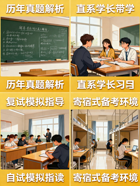 金程考研复旦定向服务介绍图，分点列出「历年真题解析/直系学长带学/复试模拟指导/寄宿式备考环境」4项核心服务，搭配教室、自习室实拍风插画，暖黄色调体现备考氛围感预览效果
