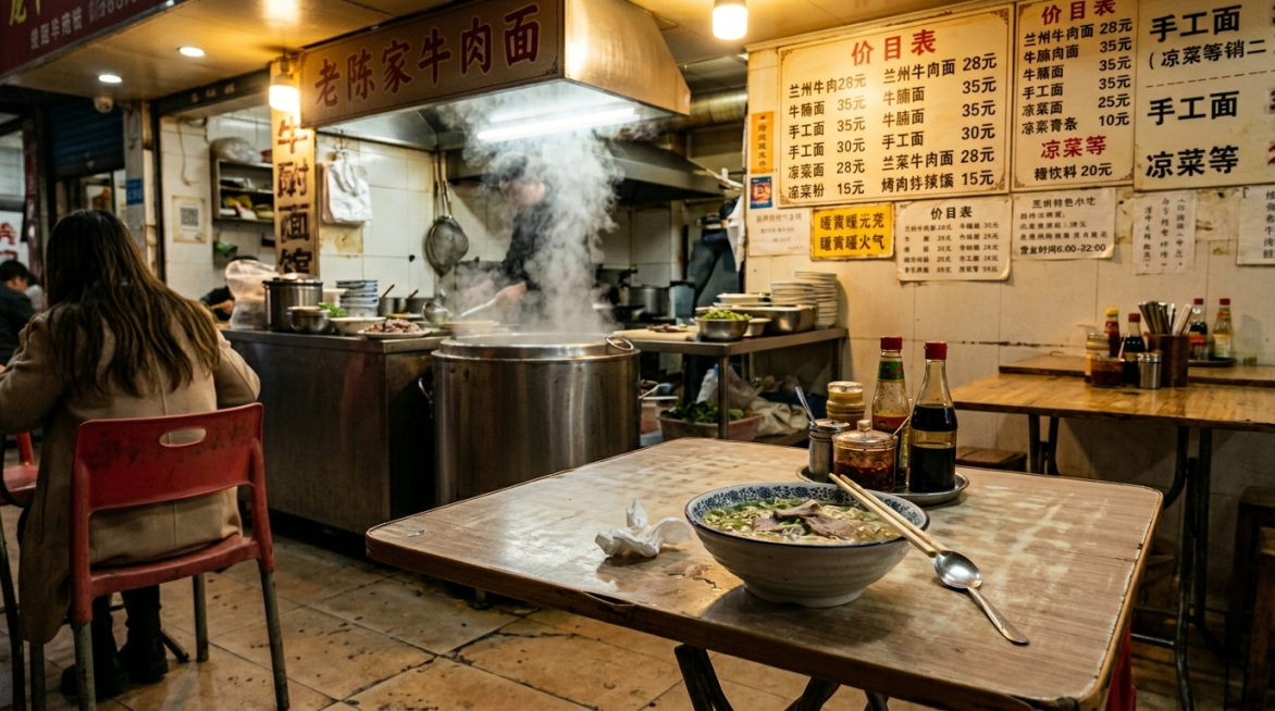 楼下牛肉面馆偶遇前妻场景，16:9横版，超写实仿真摄影，市井牛肉面馆内景，暖黄暖光照明，前台煮面锅升腾着白色蒸汽，店内摆放塑料贴面桌椅，桌面上放着吃了一半的牛肉面、一次性筷子与餐巾纸，背景是贴满价目表预览效果