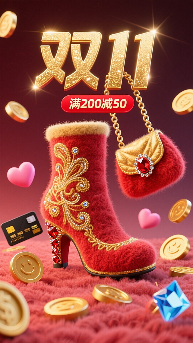 红色绣花靴与精致小包，搭配金币、钻石，营造双 11 满减促销的奢华购物氛围。