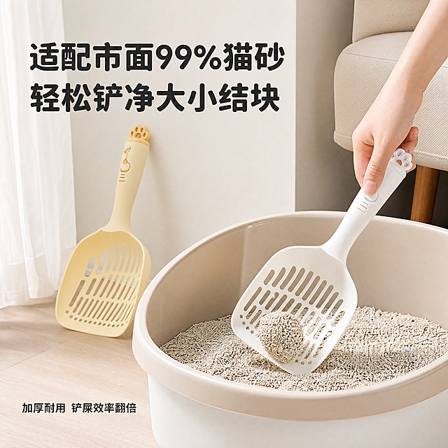 [主图-3] 使用场景展示猫砂铲适配各类猫砂功效图。
[氛围风格] 真实生活化场景，治愈温馨宠物家居风。
[画质] 商业摄影质感、光线柔和通透、产品清晰真实、画面干净高级。
[元素] 猫砂盆场景中，猫砂铲正在轻松铲出结团猫砂，展示使用过程，猫砂盆放置在简约客厅角落，背景干净整洁。保持猫砂铲外观（物理结构、材质质感、颜色）与输入产品图绝对一致，杜绝任何变形和色差，精细化处理。商品主体占比严格控制在65%左右，画面满屏无边框。
[光影] 室内柔和自然光，整体明亮干净，场景真实自然。
[配色] 浅暖灰色调家居背景，猫砂铲颜色突出，氛围温馨。
[视角构图] 平视场景拍摄，产品和使用场景结合，层次分明。
[文字版式] 左上大字文案"适配市面99%猫砂"，第二行大字文案"轻松铲净大小结块"，圆润粗体深灰色字体；左下辅助文案"加厚耐用 铲屎效率翻倍"，缩小字号。文字位于负空间，不遮挡核心使用场景。
[比例分辨率] 1:1比例，4k分辨率，文字清晰锐利，画面超高清。
[负向提示词] 变形，水印，文字错乱，产品图模糊，背景杂乱，场景脏乱。
