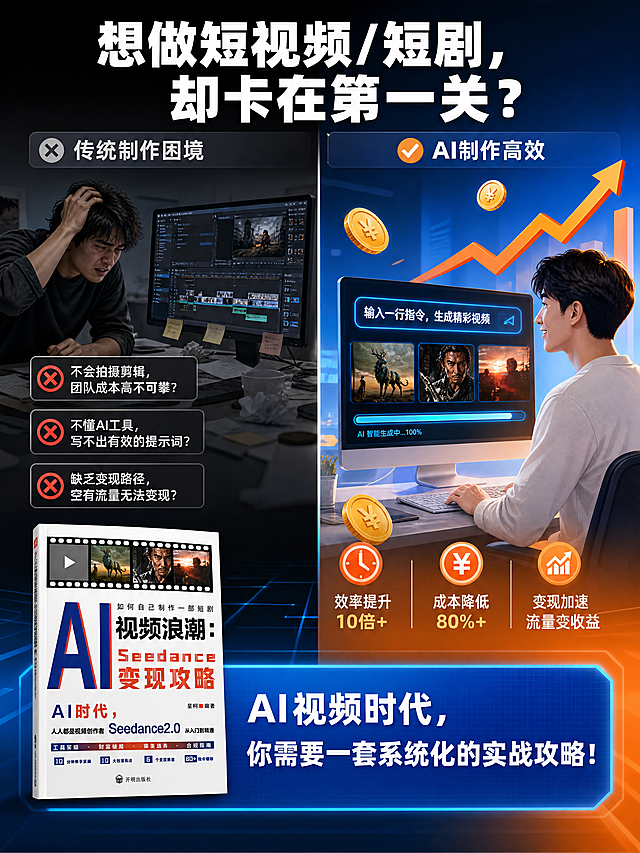 [商品] 使用【图1】《AI视频浪潮：Seedance变现攻略》书籍实物图；保留全部文字和结构；本页书籍以较小尺寸出现在底部。
[画面] 页面目标：痛点直击，左右对比引发共鸣。构图：左右分栏对比布局，左侧45%表现"传统制作困境"，右侧45%表现"AI制作高效"，中间用竖线分隔。左侧画面：人物抓耳挠腮，面对复杂的剪辑软件界面，时间轴堆满素材，旁边标注"成本高""周期长""学不会"，灰暗冷色调。右侧画面：人物轻松微笑，输入一行指令，电脑自动生成视频画面，金币和上升曲线环绕，明亮蓝橙色调。底部放书籍小图+引导语。阅读动线：从左到右对比，再向下看结论。
[视觉] 套系策略：风格=科技电影感商业风，扁平插画+UI界面元素；标题字=现代粗黑无衬线体；正文字=简洁无衬线黑体；主色=深海蓝/科技蓝；背景延展=左半部分冷灰暗调，右半部分明亮蓝橙渐变；强调色=橙红色，用于金币、箭头、高亮；标题色=白色；正文色=白色/深灰；组件=叉号图标、对勾图标、对比分割线、剪辑界面元素；光影=左侧暗调压抑，右侧明亮上扬，强烈情绪对比。
[文字] 顶部大标题："想做短视频/短剧，却卡在第一关？"（白色粗体大字，跨两栏上方）；左侧三个痛点带叉号："❌ 不会拍摄剪辑，团队成本高不可攀？"、"❌ 不懂AI工具，写不出有效的提示词？"、"❌ 缺乏变现路径，空有流量无法变现？"；底部蓝色横幅结论："AI视频时代，你需要一套系统化的实战攻略！"（白色粗体字）；所有文字横向排版。
[规格] 图片比例3:4竖版，4K分辨率，负向提示：避免书封文字错乱、颜色偏色、变形、二维码、极限词、水印、人物面部模糊。