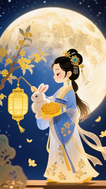 Q版古装少女（蓝白渐变桂花暗纹汉服、鎏金嵌玉发簪、流苏耳饰、暖黄色镂空宫灯）、绒毛蓬松玉兔（抱花纹金黄月饼），中景为有环形山细节的巨大满月，背景是深邃藏蓝色星空。点缀开满嫩黄花的桂花枝与飘落的半透明桂预览效果