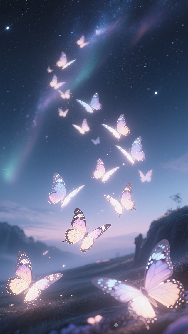 梦境场景，星空下，柔和的渐变色调，朦胧的光影效果，发光的蝴蝶环绕，静谧神秘